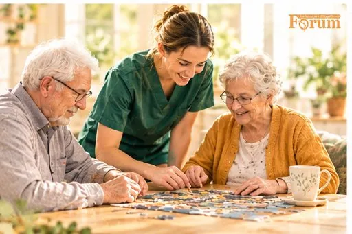 Bewohnerinnen und Bewohner lösen gemeinsam mit einer Pflegekraft ein Puzzle in einer Seniorenwohngemeinschaft von Pflegedienst Forum
