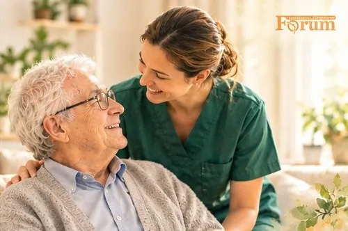 Pflegekraft im herzlichen Gespräch mit einem Bewohner von Pflegedienst Forum