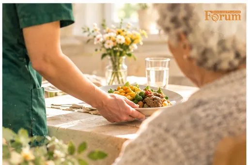 Pflegekraft serviert einer Bewohnerin eine frisch zubereitete Mahlzeit in einer Seniorenwohngemeinschaft von Pflegedienst Forum
