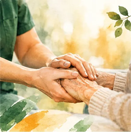 Pflegekraft von Pflegedienst Forum hält warm die Hände einer Seniorin