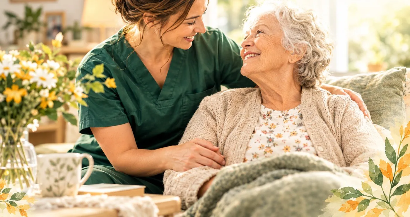 Pflegekraft von Pflegedienst Forum sitzt lächelnd bei einer Seniorin auf dem Sofa