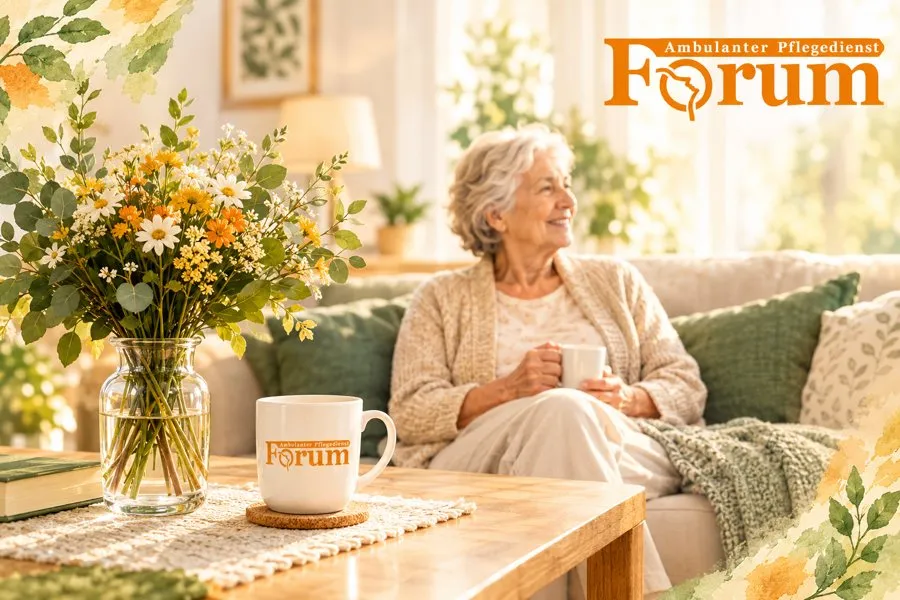 Seniorin genießt eine gemütliche Kaffeepause im Wohnzimmer einer Seniorenwohngemeinschaft von Pflegedienst Forum